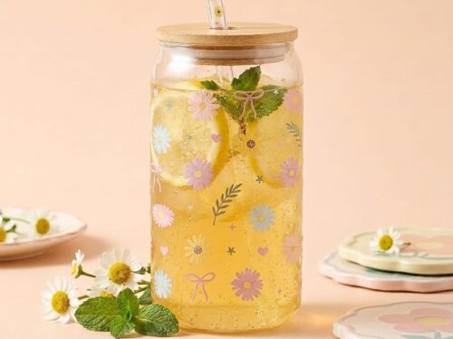 Vaso de vidrio con tapa de bambú y diseño floral