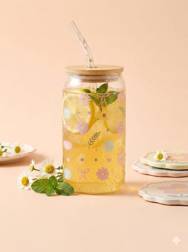 Vaso de vidrio con tapa de bambú y diseño floral