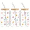 Vaso de vidrio con tapa de bambú y diseño floral